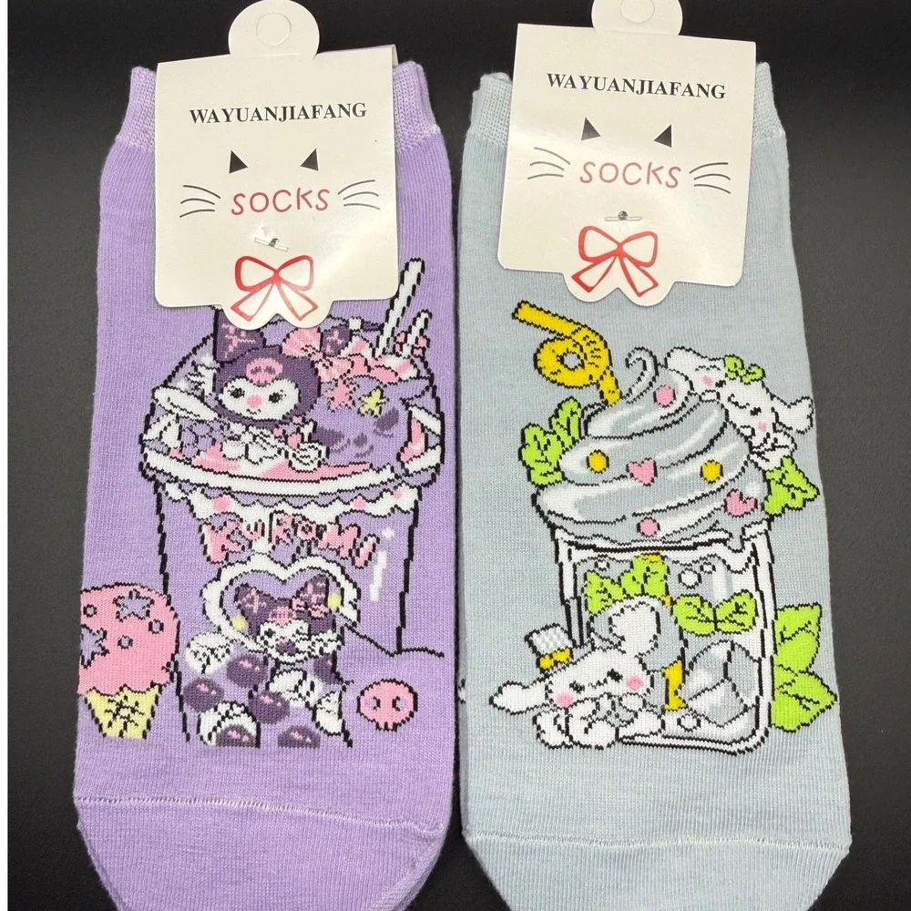 Kawaii Drink Socks 2 Pairs Purple & Blue Cute Cartoon Ankle Socks Size 35-41